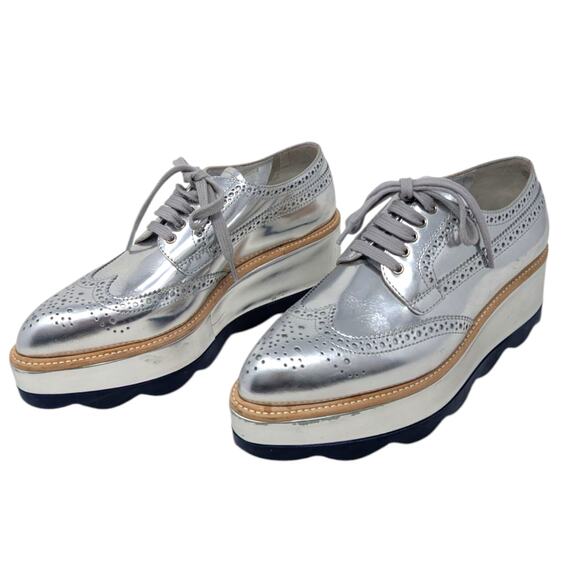 Prada Silver Leather Platform Oxford Brogues Wingtip Lace-Up Shoes 36.5 Designer - Picture 4 of 10